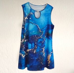 Retro Blue Mini Dress 60s Mod Colorful Water Seaworld Girly Stretchy Keyhole LG